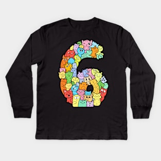 Number 6 six - Funny and Colorful Cute Monster Creatures Kids Long Sleeve T-Shirt